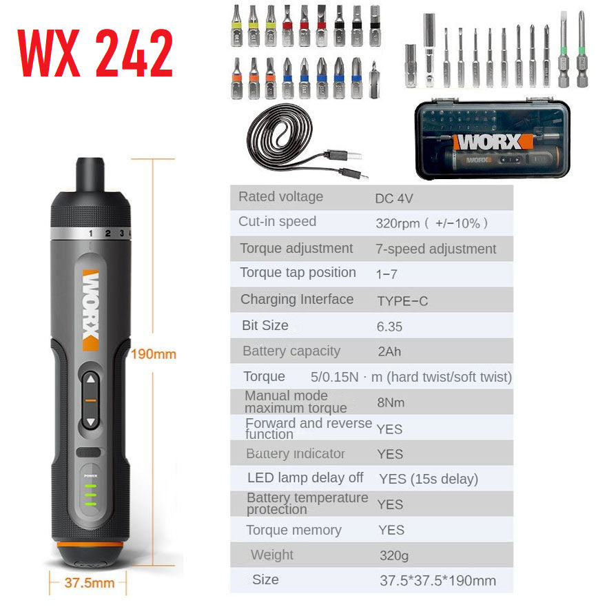 Youpin Worx 4V Mini Electrical Screwdriver Set WX242 Smart Cordless Electric Screw Driver USB Rechargeable 30 Bit Set Drill Tool